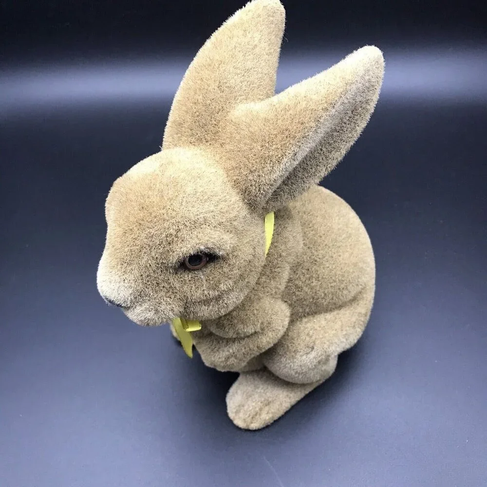 Vintage Flocked Rabbit Bunny Figure Brown Yellow Bow Easter Spring 8